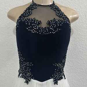 Elegant Navy and White Halter Dress